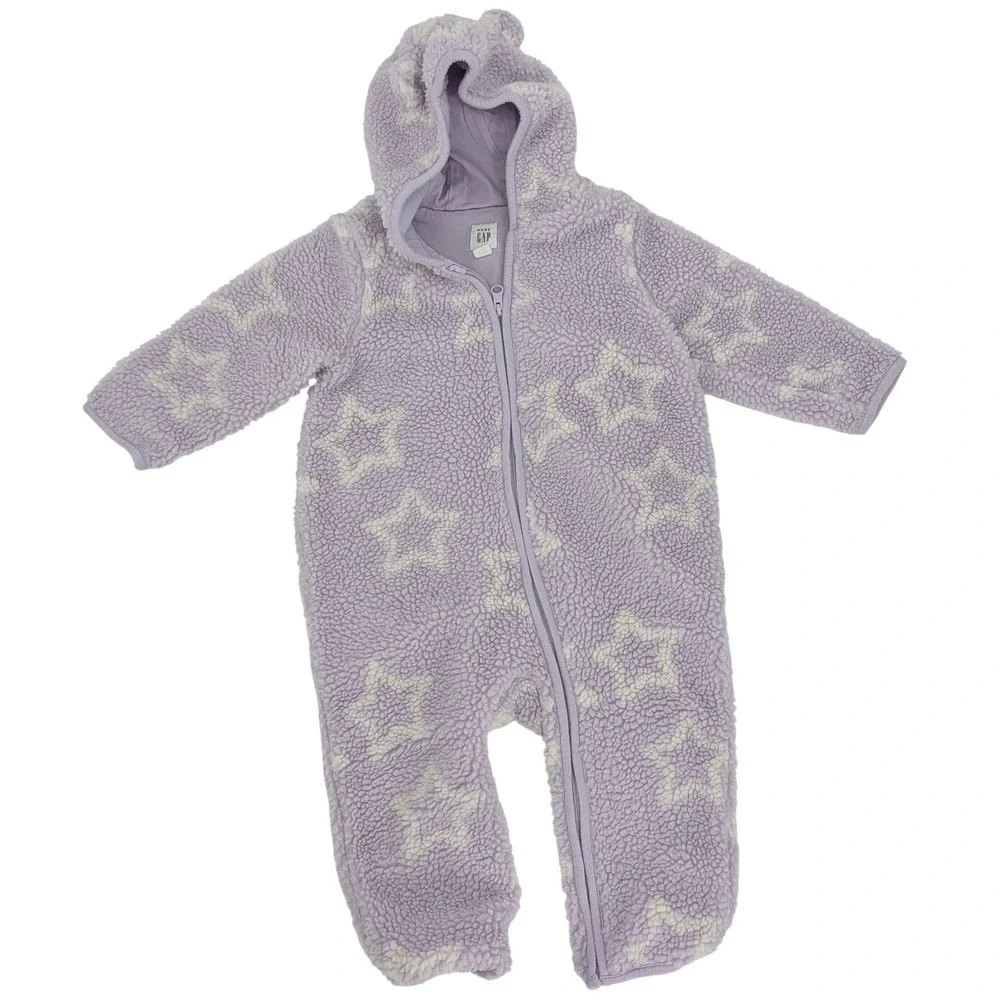 Baby Gap One Piece Romper Baby 12-18 Months Purple Star Sherpa Fleece‎ Hooded